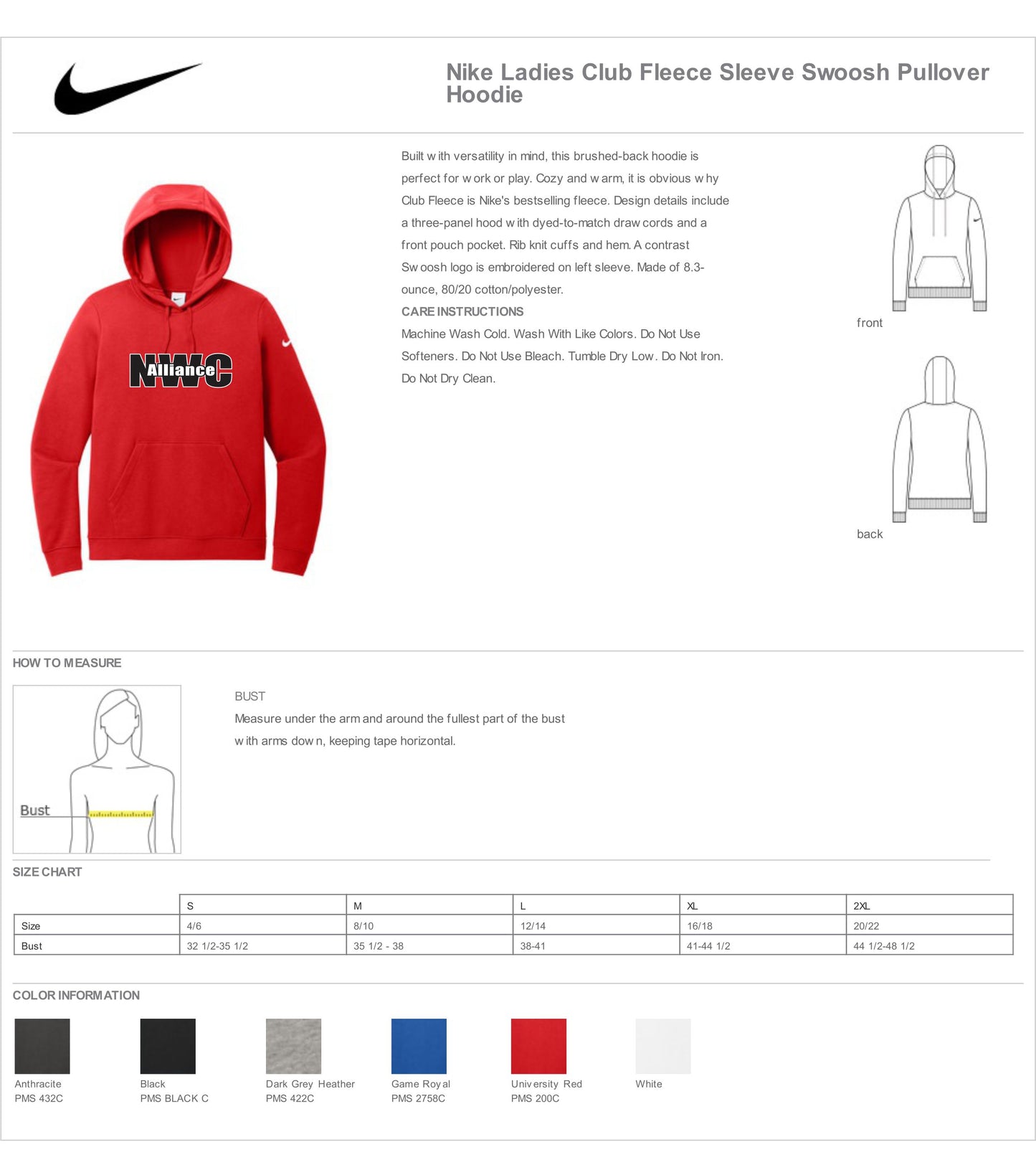 Nike Ladies Club Fleece Sleeve Swoosh Pullover Hoodie